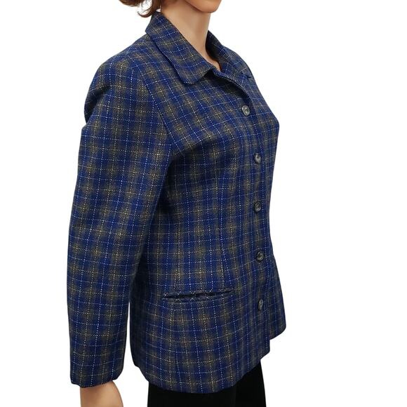 Vintage Joan Leslie Wool Blazer Jacket Blue Gray Plaid Lined Petite 12P / M - Picture 4 of 11